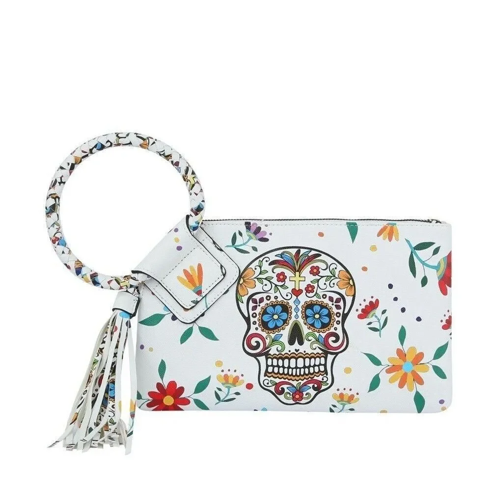Women White Skull Cuff Graffiti Tassel Clutch Handbag
